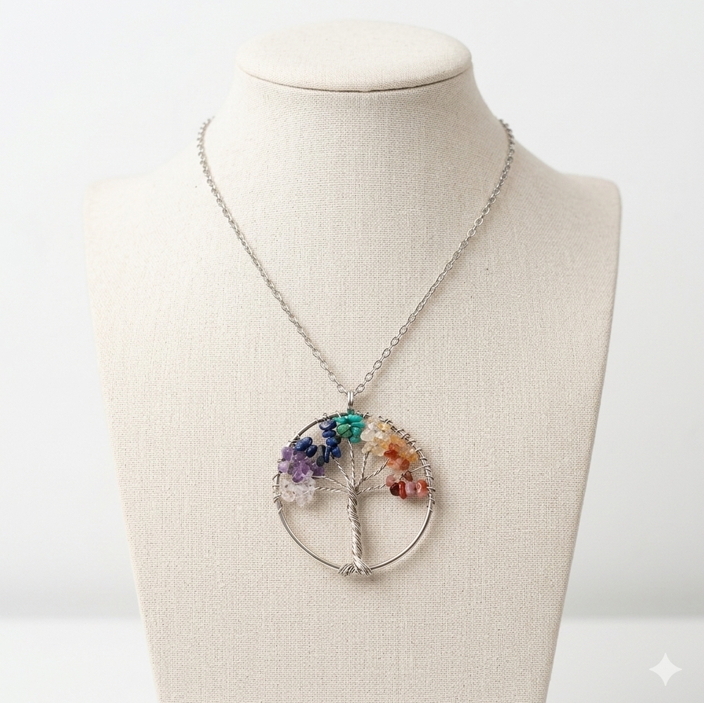 Silver Wire Wrapped Tree of Life Necklace | Crystal Gemstone Pendant Jewelry